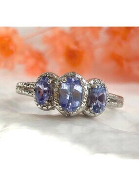 Triple Tanzanite Gemstone Halo Style Sterling Silver 925 Vintage Ring - sz 6.75